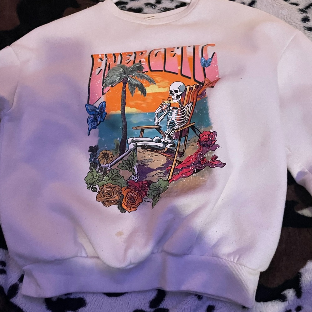 White Crewneck with Tropical Graphic Design